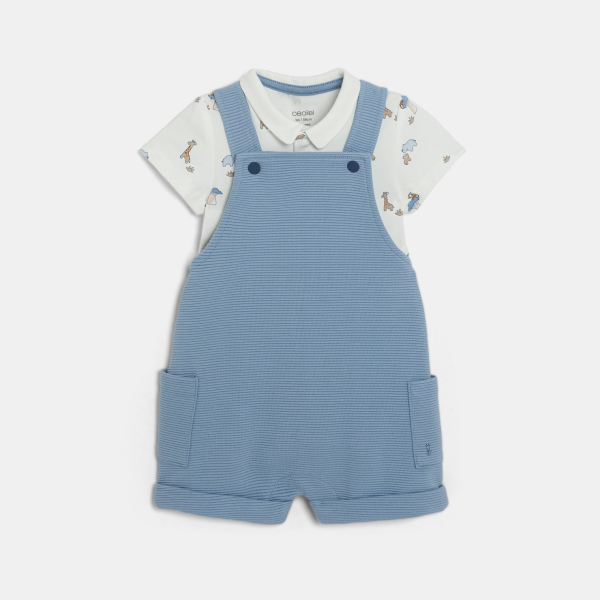 سالوبيت قصير من القطن الفاخر وبودي برسوم حيوانات باللون الأزرق للفتيان الصغار.